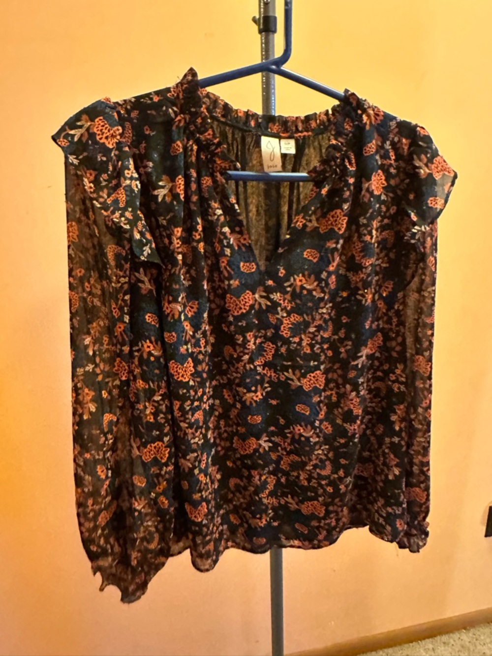 Joie Black Sheer Blouse with Rust Floral Print